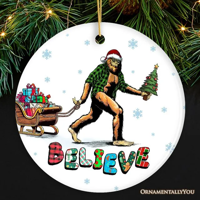 Funny Big Foot Believe Christmas Ornament, Sasquatch Humor Holiday Decor (Circle)