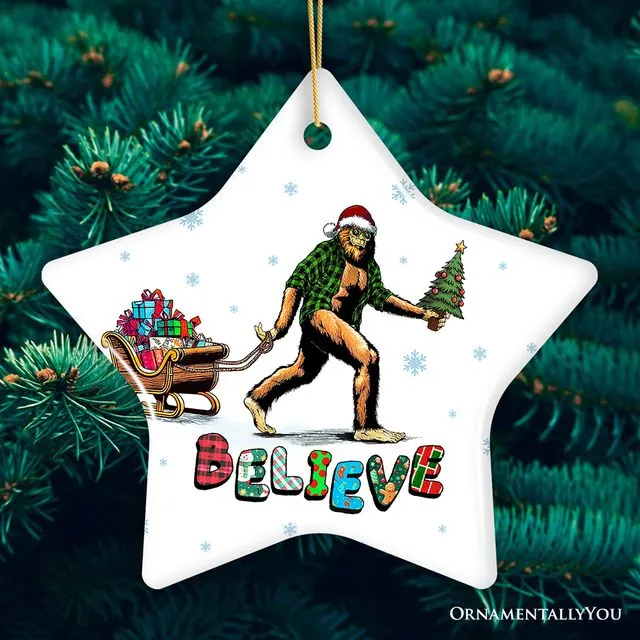 Funny Big Foot Believe Christmas Ornament, Sasquatch Humor Holiday Decor (Star)