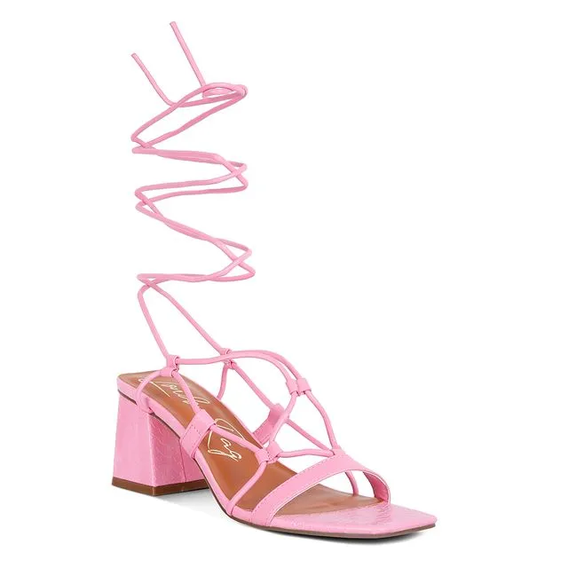 Provoked Lace Up Block Heeled Sandals in Pink