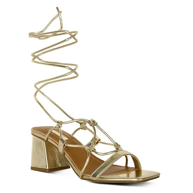 Provoked Lace Up Block Heeled Sandals in Gold