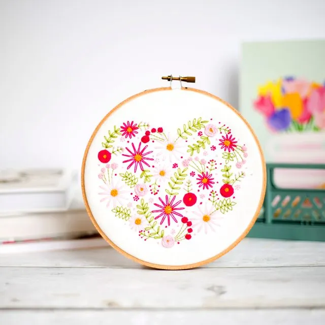 Pink Floral Heart Embroidery Craft DIY Kit