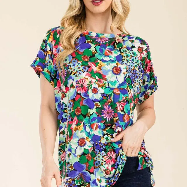 Plus Size Beige fuchsia floral print top with cuff sleeves -Pack of 6 -CT43895B-PL