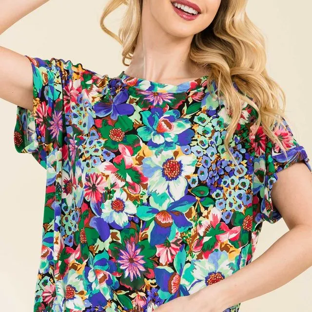 Beige fuchsia floral print top with cuff sleeves -Pack of 6 -CT43895B