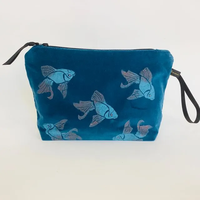 Teal velvet Koi Fish makeup bag