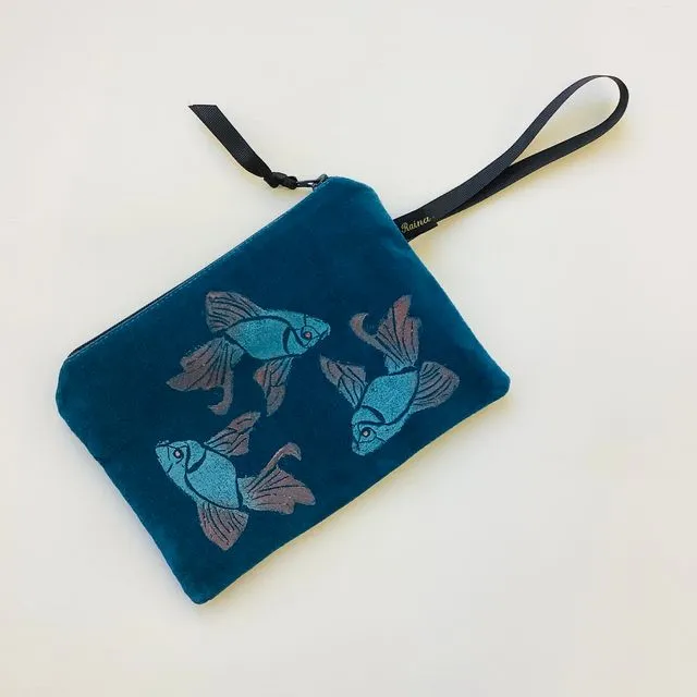 Teal Koi Fish velvet zip-up pouch