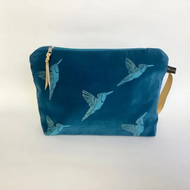 Teal velvet Hummingbirds makeup bag