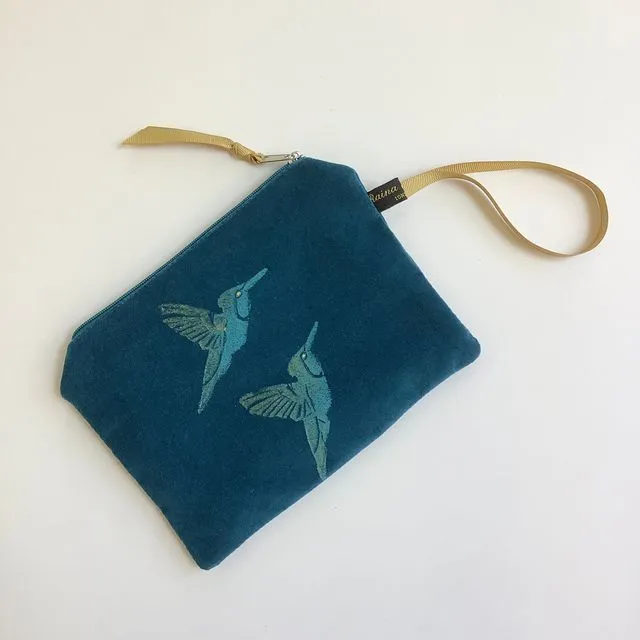 Teal Hummingbirds velvet zip-up pouch (Copy)