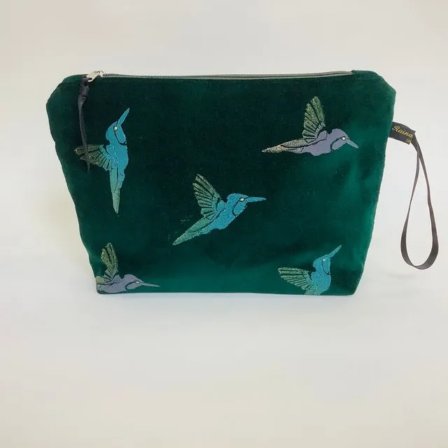 Green velvet Hummingbirds makeup bag