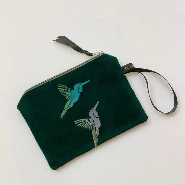 Green Hummingbirds velvet zip-up pouch (Copy)