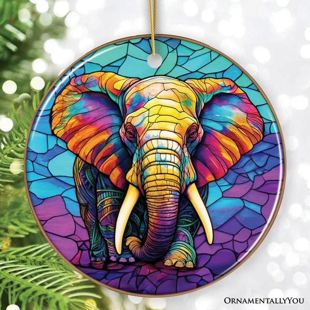 Forest Giants Elephant Stained Glass Style Ceramic Ornament, Safari Animals Christmas Gift and Decor