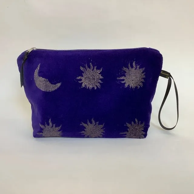 Purple velvet Sun and Moon makeup bag