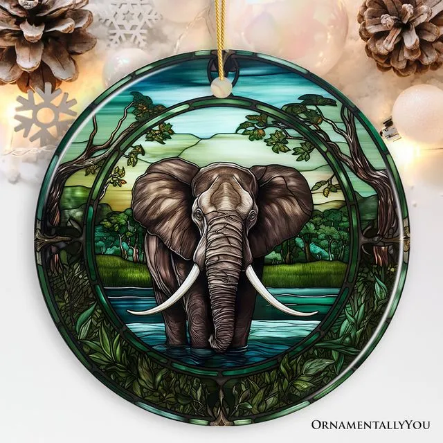 African Pachyderm Elephant Stained Glass Style Ceramic Ornament, Safari Animals Christmas Gift and Decor