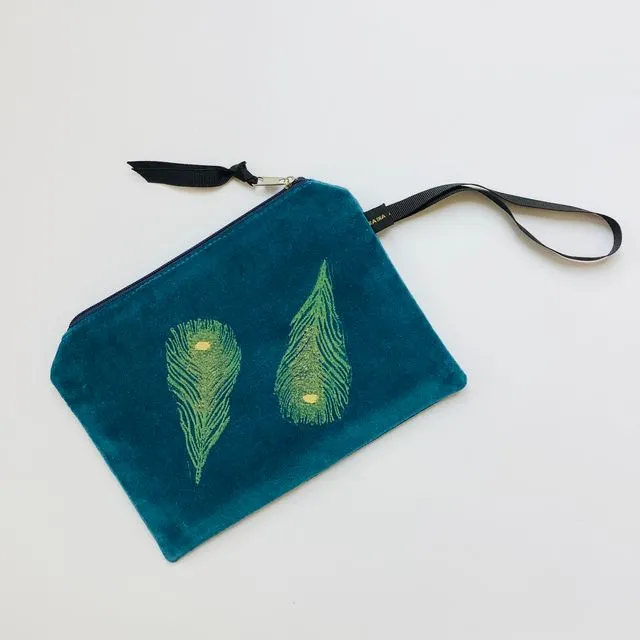 Teal Peacock Feathers velvet zip-up pouch