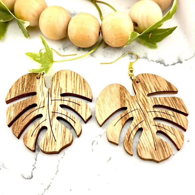 Wood Monstera Dangle Earrings