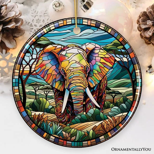 Majestic Elephant Stained Glass Style Ceramic Ornament, African Animals Christmas Gift and Decor