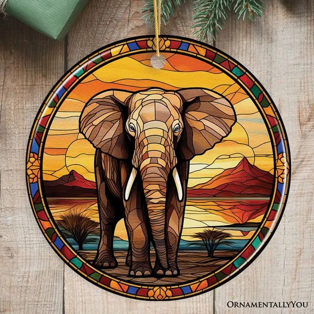 Safari Elephant Trek Stained Glass Style Ceramic Ornament, African Animals Christmas Gift and Decor