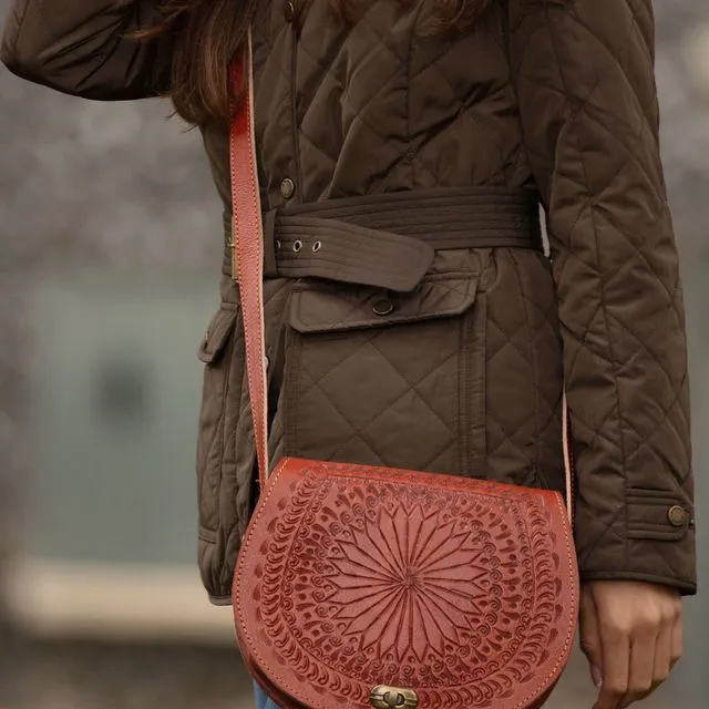 Ladies' Embossed Leather Saddle Bag