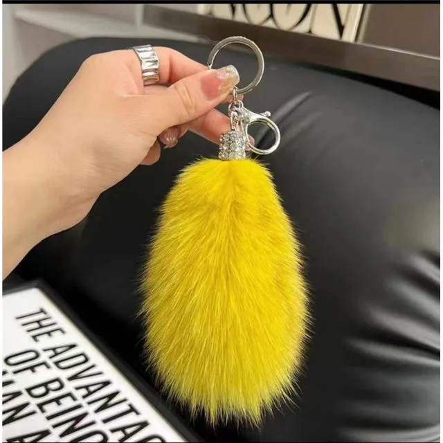 Fluffy Fox Fur Tail Car Key Bag Pendant Keychain - Yellow