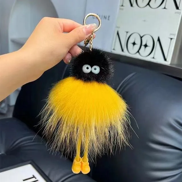 Cute Mink Fur Long Legs Cartoon Doll Car Key Bag Pendant Keyring - Yellow