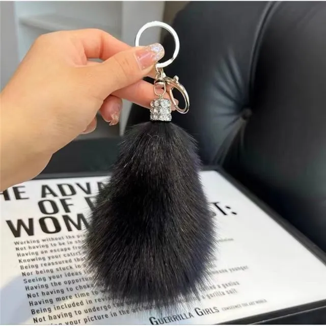 Fluffy Fox Fur Tail Car Key Bag Pendant Keychain - BLACK
