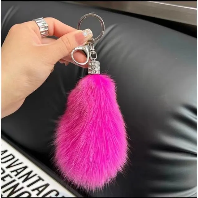 Fluffy Fox Fur Tail Car Key Bag Pendant Keychain - ROSE RED