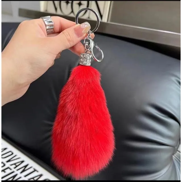 Fluffy Fox Fur Tail Car Key Bag Pendant Keychain - Red