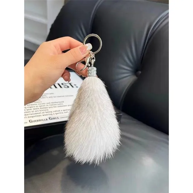 Fluffy Fox Fur Tail Car Key Bag Pendant Keychain - WHITE GRAY