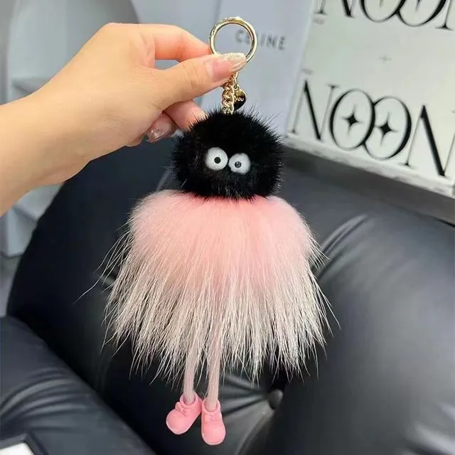 Cute Mink Fur Long Legs Cartoon Doll Car Key Bag Pendant Keyring - PINK