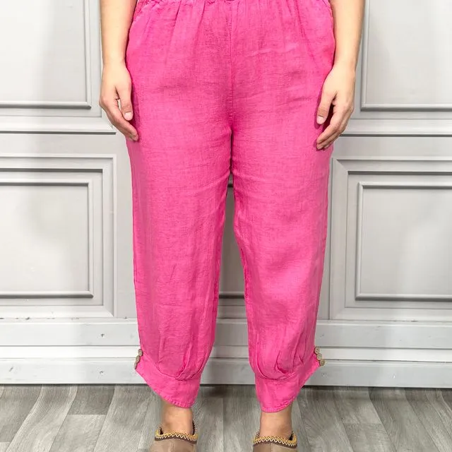 2037 - Fuchsia 3/4 Length Linen Trousers with Embellished Buttons at the Hem