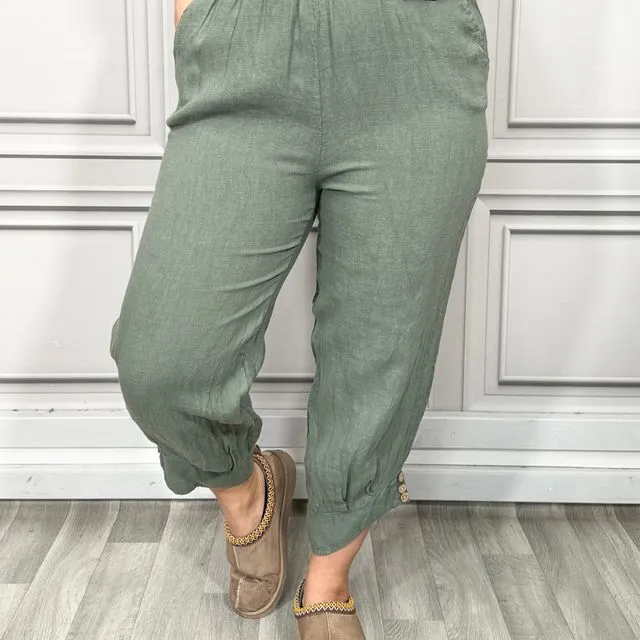 2037 - Khaki Green 3/4 Length Linen Trousers with Embellished Buttons at the Hem