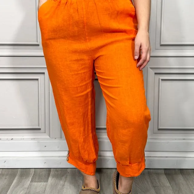 2037 - Orange 3/4 Length Linen Trousers with Embellished Buttons at the Hem