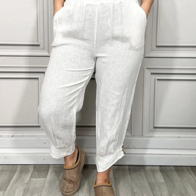 2037 - White 3/4 Length Linen Trousers with Embellished Buttons at the Hem