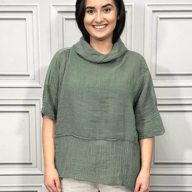 1696-Khaki Green Turtle Cowl Neck Linen Blouse Cotton and Linen Match up Half Length Sleeve