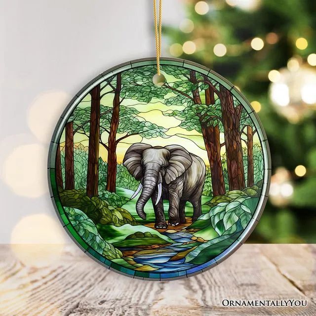 Gentle Giants Elephant Stained Glass Style Ceramic Ornament, African Animals Christmas Gift and Decor