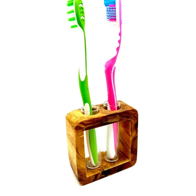 THE FRAME toothbrush holder for 2 toothbrushes with glass insert made of olive wood
