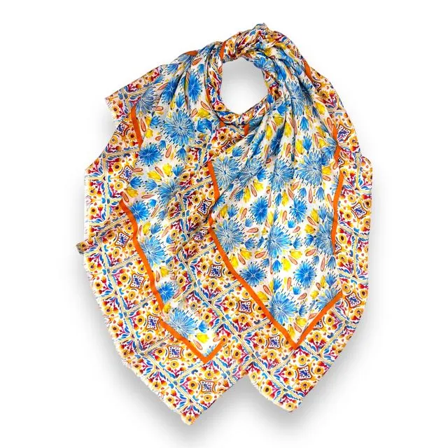 Mosaic flower print scarf in blue
