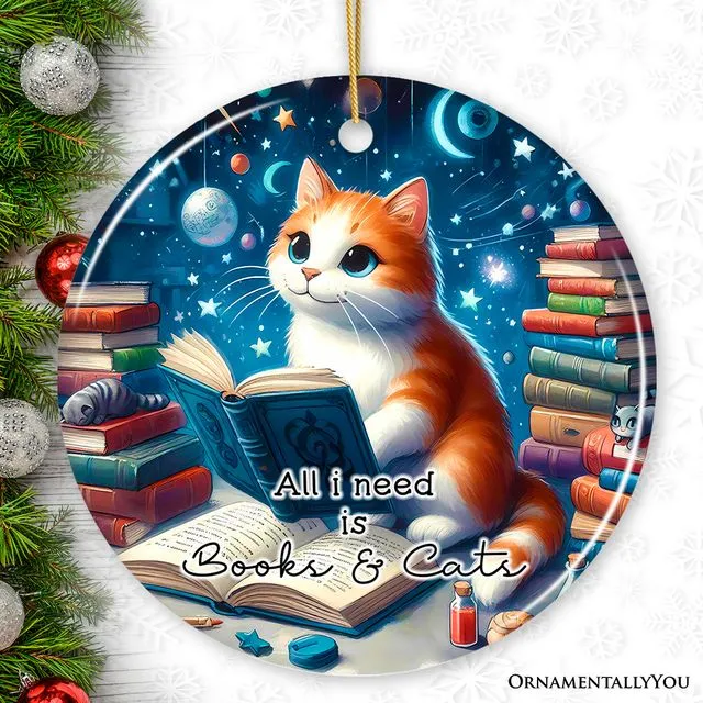All I Need is Books & Cats Ceramic Ornament, Book Lover Gift of Imagination and the Universe