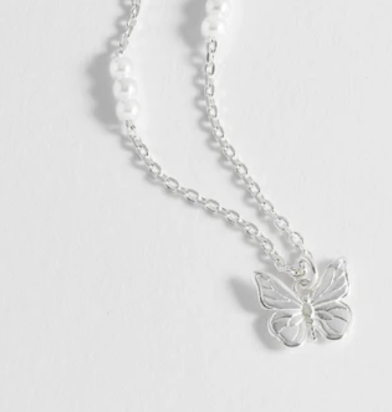 Pearl And Butterfly Necklace - Silver Plated