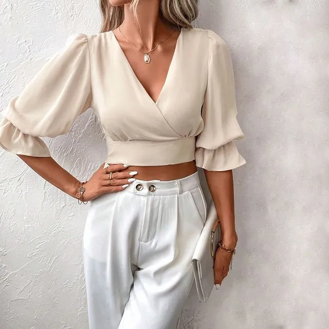 Half Sleeves Loose Elasticity Hollow Ruffled Solid Color Tied V-Neck Blouses-Apricot