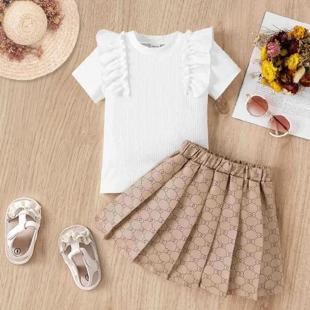 Girls' Lace Short-Sleeved T-Shirt And Printed Pleated Skirt Two-Piece Set - WHITE