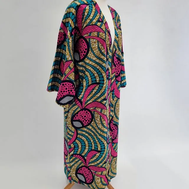 African Print Full Length Kimono Style Jacket With Pockets – one size (Tropical)