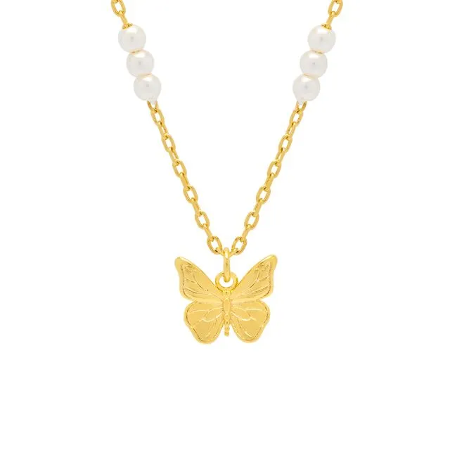 Pearl And Butterfly Necklace - Gold Plated - DREAMER