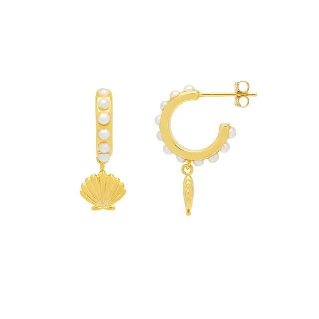 Scallop Charm And Pearl Hoop Earrings - Gold Plated