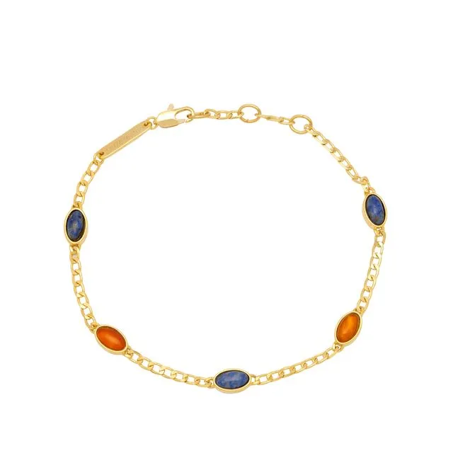 Lapis And Red Gemstone Chain Bracelet - Gold Plated