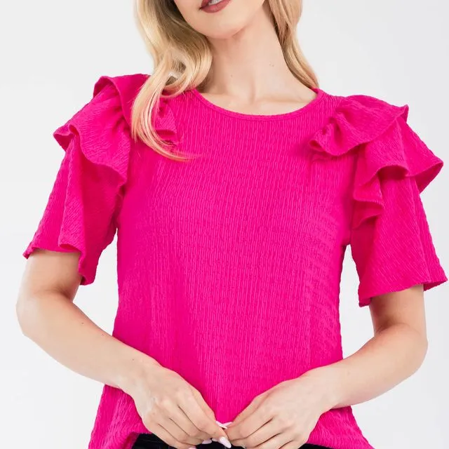 Plus Size Fuchsia top with ruffled layered shoulder sleeves -Pack of 6 -CT43901-PL
