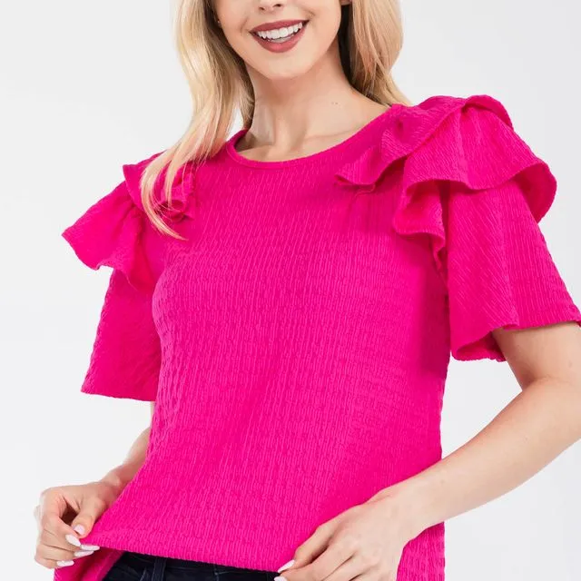 Fuchsia top with ruffled layered shoulder sleeves -Pack of 6 -CT43901