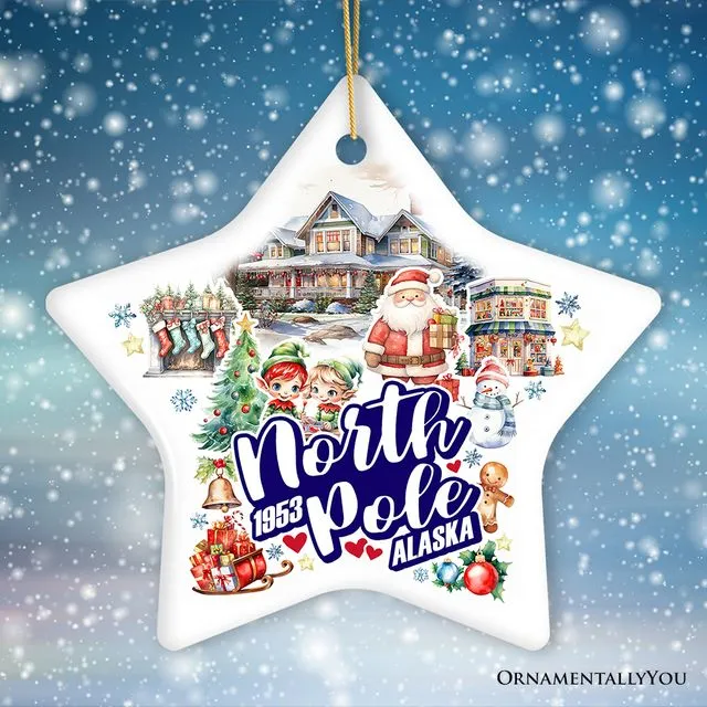 City of North Pole Alaska Artistic Christmas Ornament, Decorated Ceramic Souvenir with Santa and Elf Themes (Star)