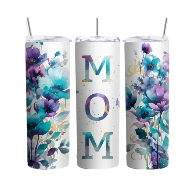 20oz Floral MOM Tumbler, Insulated Stainless Steel Travel Mug with Blue and Purple Watercolor, Elegant Mother's Day Gift