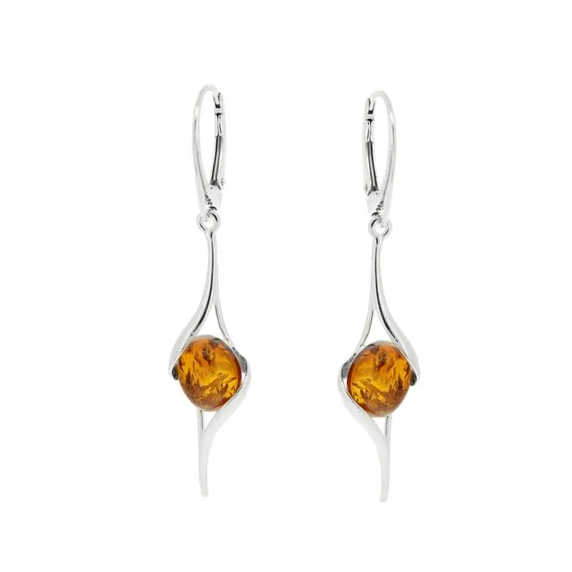 Cognac Amber Long Twist Earrings with and Presentation Box