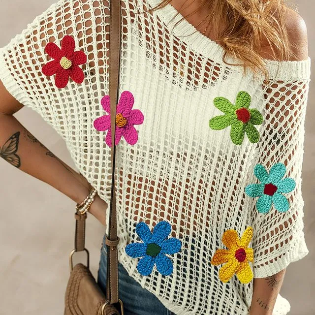 Crochet Flower Hollow-out Sweater T Shirt - (GD72773010 ~ WHITE)